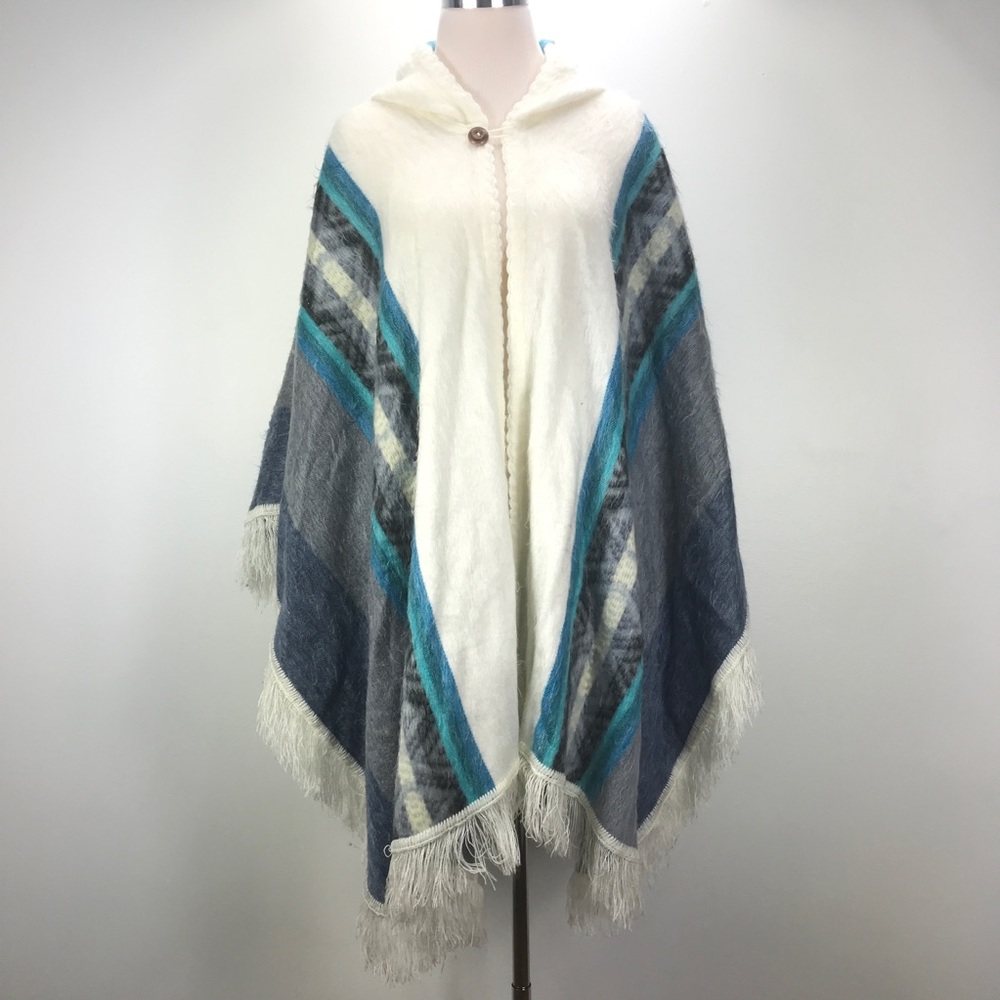 Alpaca Poncho Blue One Size Hooded Southwest White